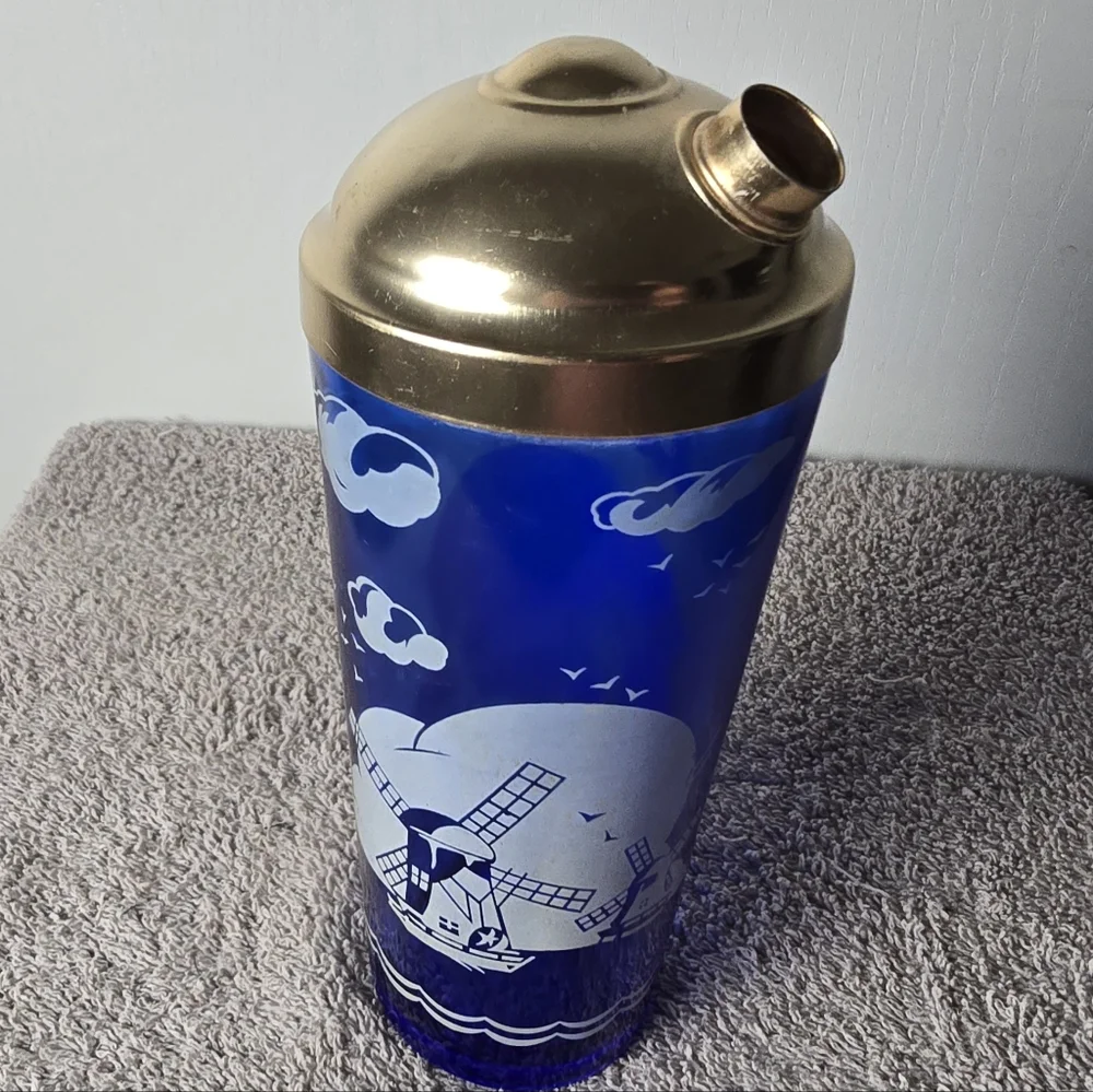 Vintage Hazel Atlas Cobalt Blue Art Deco Cocktail Shaker Windmill Pattern No Cap